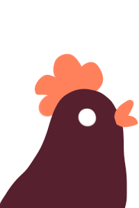 A headshot of a dark brown chicken with orange comb and beak