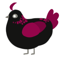 A black and maroon chicken with a neck-speckle pattern