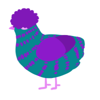 A teal and violet chicken with a bar pattern