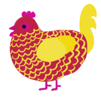 A crimson and yellow chicken with a lace pattern