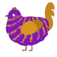 A violet and ochre chicken with a bar pattern