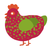 A crimson and chartreuse chicken with a speckle pattern
