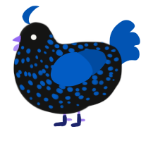 A black and ultramarine chicken with a speckle pattern