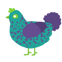 A turquoise and overcast chicken with a speckle pattern