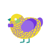 A yellow and blurple chicken with a lace pattern