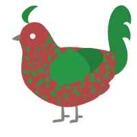 A red and viridian chicken with a speckle pattern