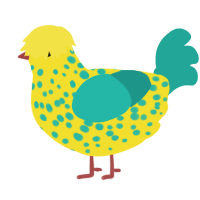 Bubbles, a yellow and turquoise chicken with a speckle pattern