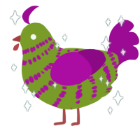 A chartreuse and plum chicken with a bar pattern