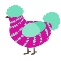 A fuchsia and mint chicken with a bar pattern