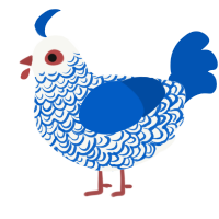 Santa Destroy, a white and ultramarine chicken with a double-lace pattern