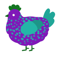 A violet and turquoise chicken with a speckle pattern