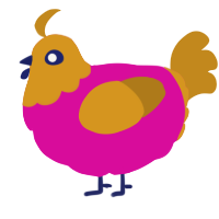 A fuchsia and ochre chicken with a head pattern