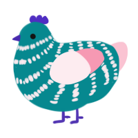 A teal and rose chicken with a bar pattern