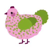 A pink and chartreuse chicken with a speckle pattern