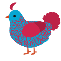 A cerulean and crimson chicken with a double-lace pattern