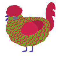 A chartreuse and crimson chicken with a lace pattern