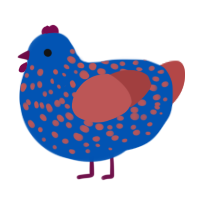 A ultramarine and red chicken with a speckle pattern