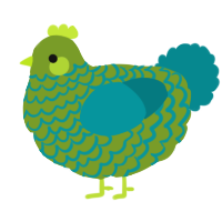A chartreuse and teal chicken with a lace pattern