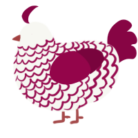 A white and maroon chicken with a lace pattern