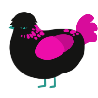b00ty guru, a black and fuchsia chicken with a neck-speckle pattern
