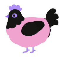 A pink and black chicken with a head pattern