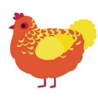 A vermilion and yellow chicken with a half-lace pattern