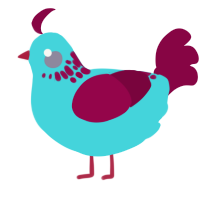 A aqua and maroon chicken with a neck-speckle pattern