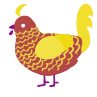 dog, a red and yellow chicken with a lace pattern