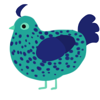 A turquoise and navy chicken with a speckle pattern