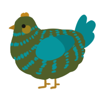 A olive and teal chicken with a bar pattern