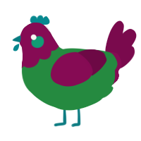 A viridian and wine chicken with a head pattern