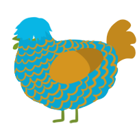 A cerulean and ochre chicken with a lace pattern