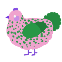 A pink and viridian chicken with a speckle pattern