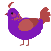 A violet and red chicken with a neck-speckle pattern