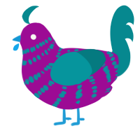A plum and teal chicken with a bar pattern