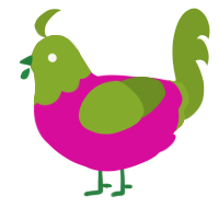 A fuchsia and chartreuse chicken with a head pattern