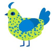 A lime and sapphire chicken with a speckle pattern