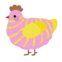 A pink and yellow chicken with a bar pattern