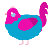 A cerulean and fuchsia chicken with a head pattern