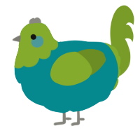 A teal and chartreuse chicken with a head pattern