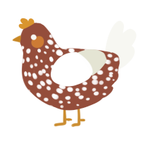 A russet and white chicken with a speckle pattern
