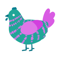 A turquoise and orchid chicken with a bar pattern
