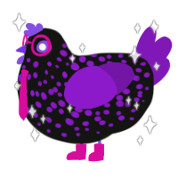 A black and violet chicken with a speckle pattern