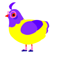 A yellow and blurple chicken with a head pattern