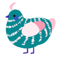 A teal and rose chicken with a bar pattern