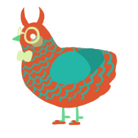 SIRACHA, a vermilion and turquoise chicken with a lace pattern
