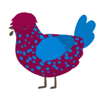 A maroon and sapphire chicken with a speckle pattern