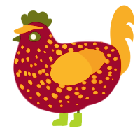 A maroon and orange chicken with a speckle pattern