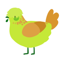 Gak, a lime and orange chicken with a neck-speckle pattern