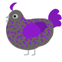 A grey and violet chicken with a speckle pattern